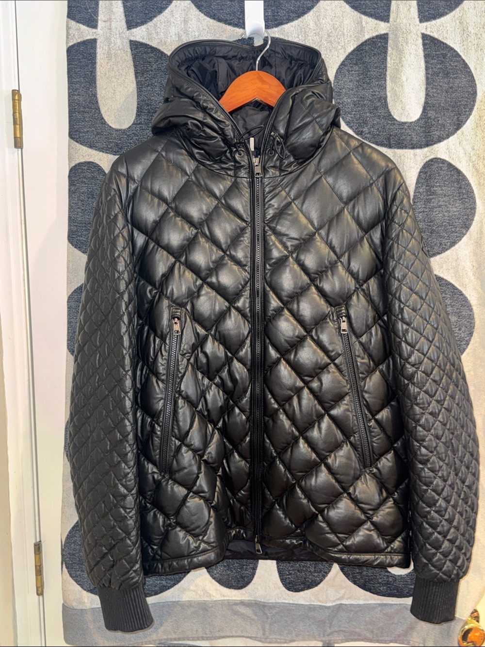 Moncler Black Leather Quilted Hooded Jacket ~ SIZE 4